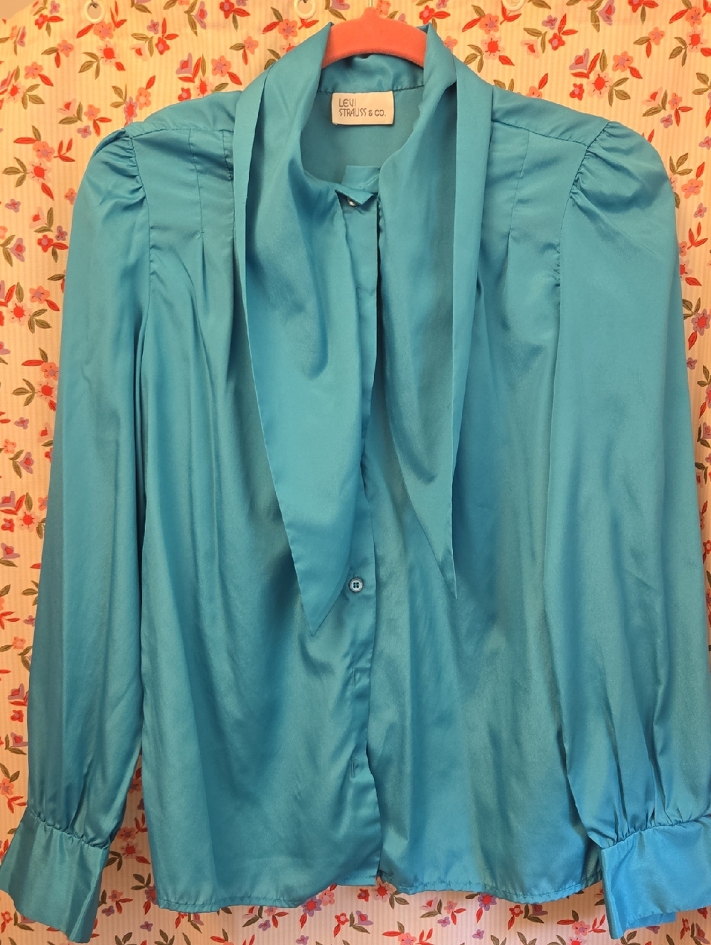 Levi’s Satin Tie Neck Blouse Turquoise Long Sleeve Women’s M
